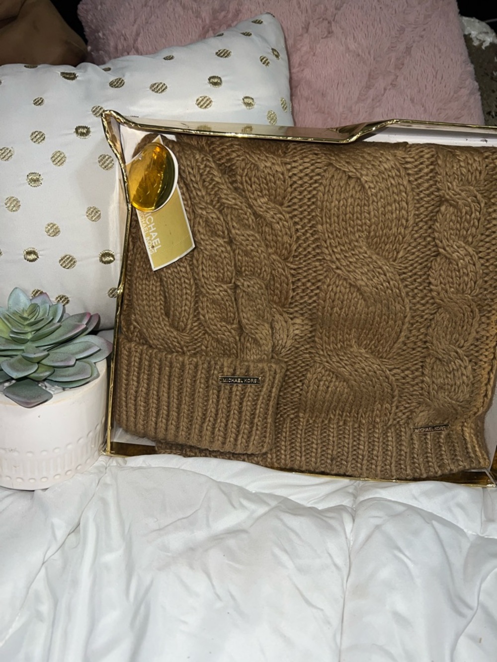 Michael Kors Tan Cable Knit Hat and Scarf Set